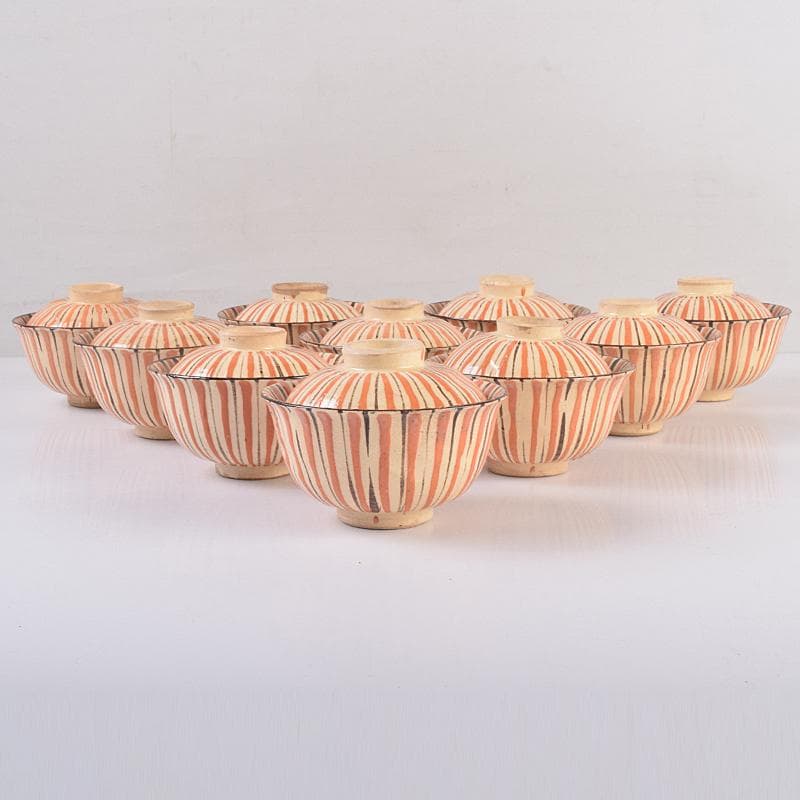 瀬戸焼　古瀬戸　加藤作助作　麦藁手　飯茶碗　蓋碗　十客　共箱　F　R8861B