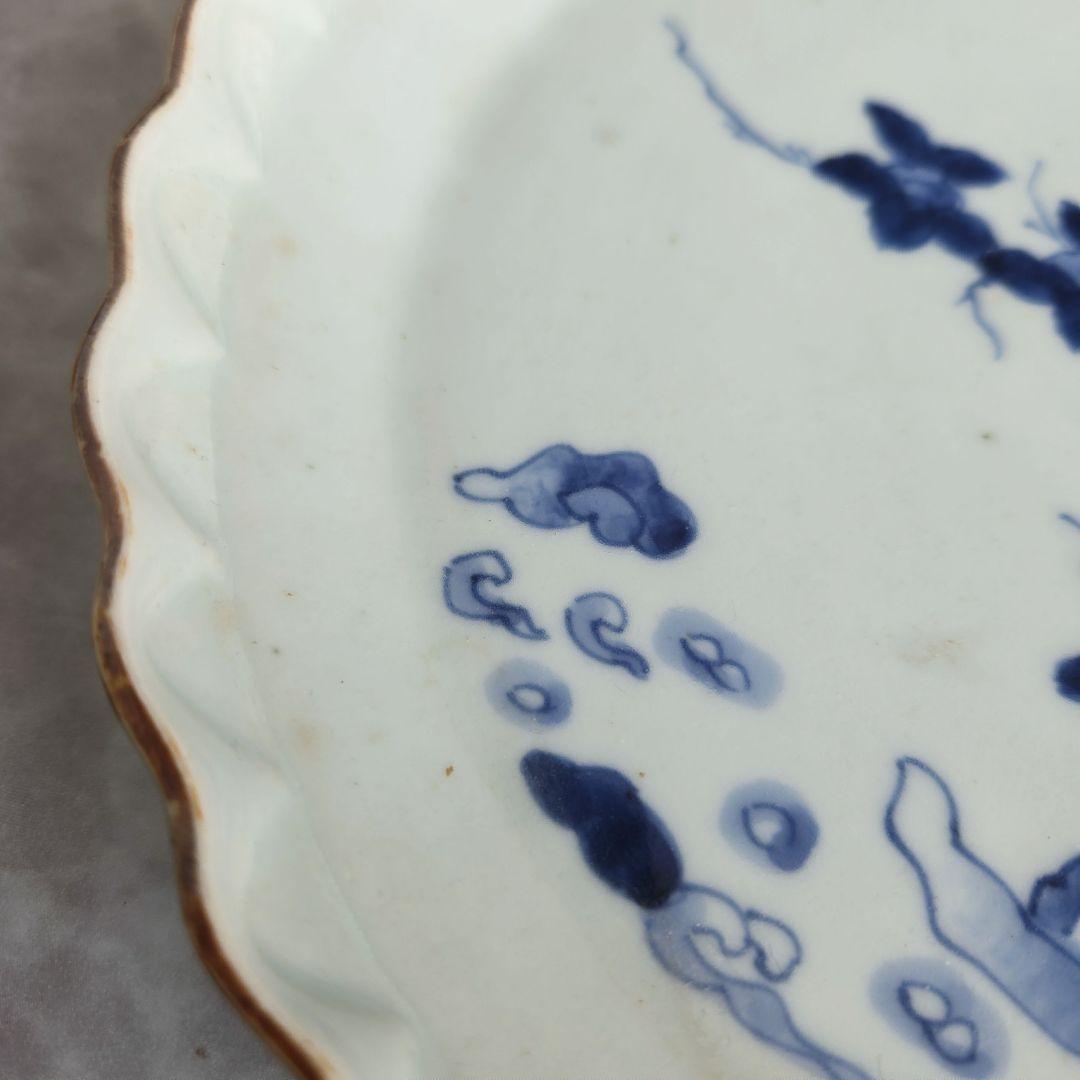 古伊万里　染付　輪花　七寸皿　江戸時代　金直し　金継ぎ　骨董　日本　アンティーク