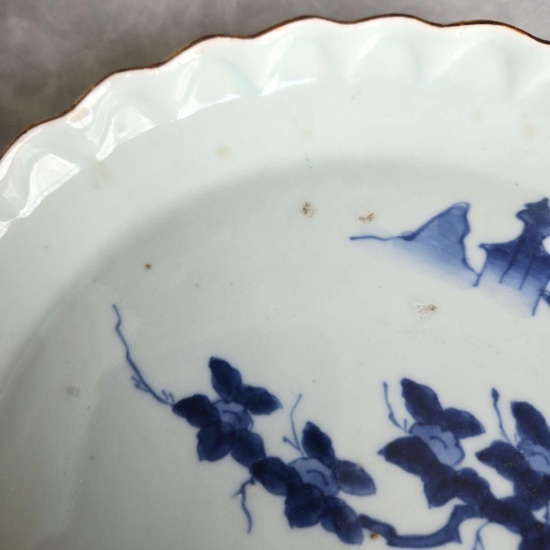 古伊万里　染付　輪花　七寸皿　江戸時代　金直し　金継ぎ　骨董　日本　アンティーク