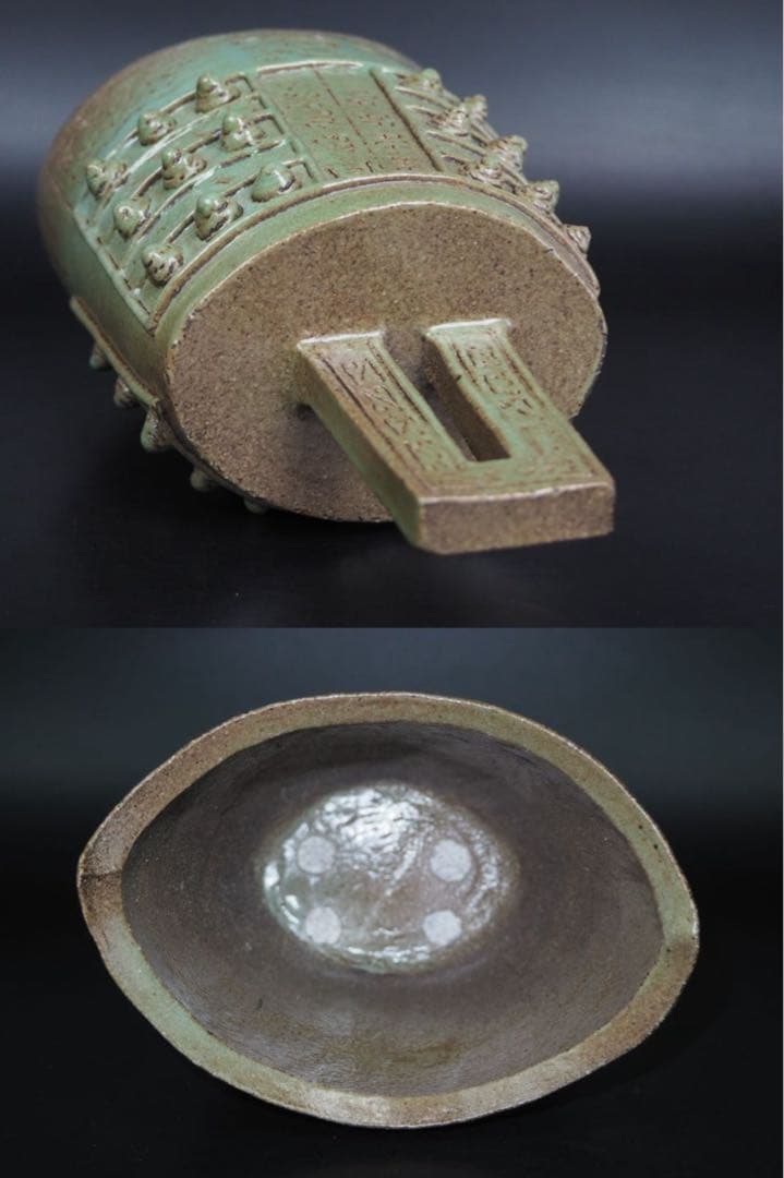 送料無料　大珍品 　一点物　緑色釉編鐘　置物　木箱　検/楽山二六九谷備前相馬常滑