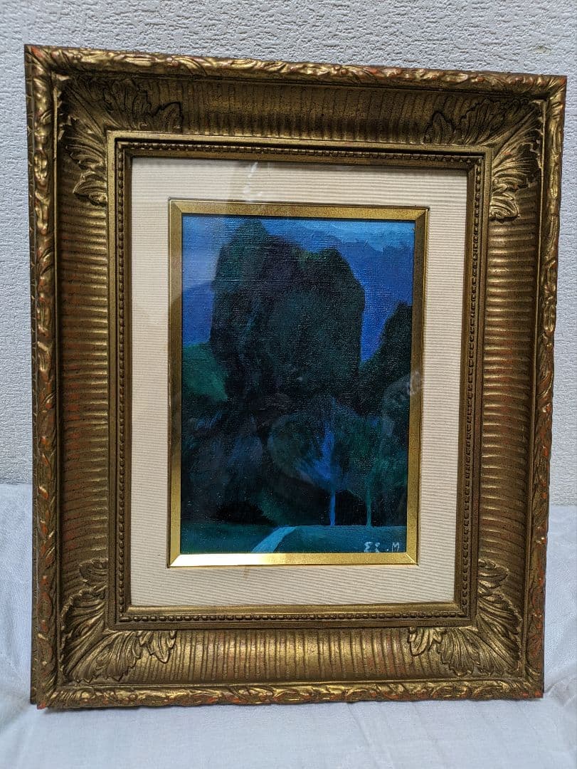 増井　英　. 風景画 青と緑のトーン　　春陽会理事　油絵　画廊箱書名