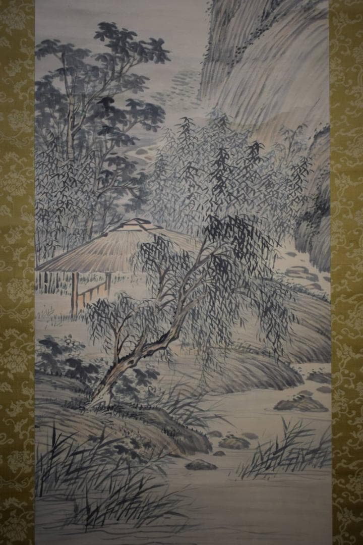 真作/神木鴎津/緑陰孤亭図/山水東屋図/絹表装/布袋屋掛軸HH-959