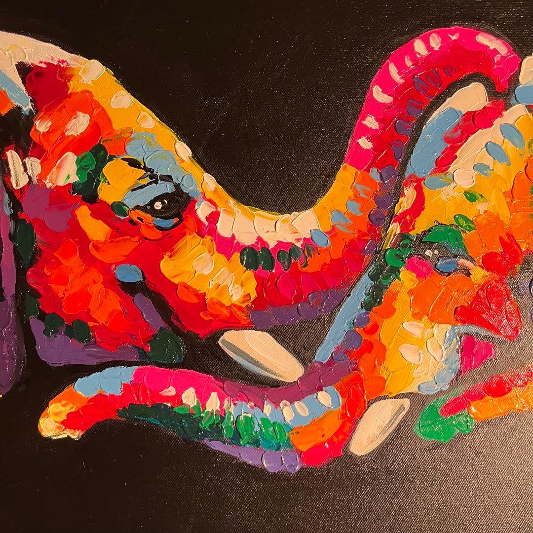 手書き油絵 七色の象 絵画 インテリア 油彩画