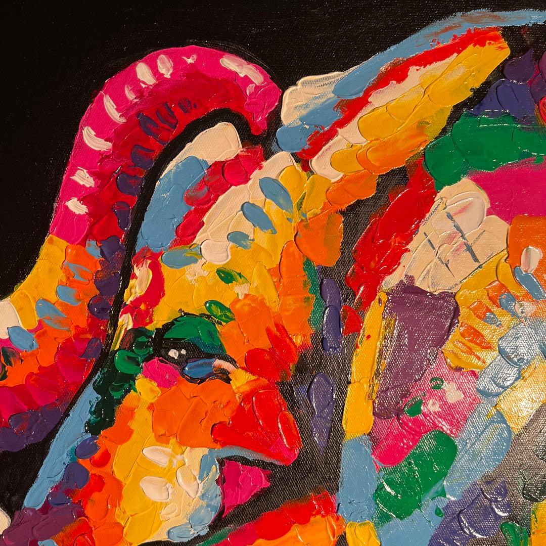 手書き油絵 七色の象 絵画 インテリア 油彩画