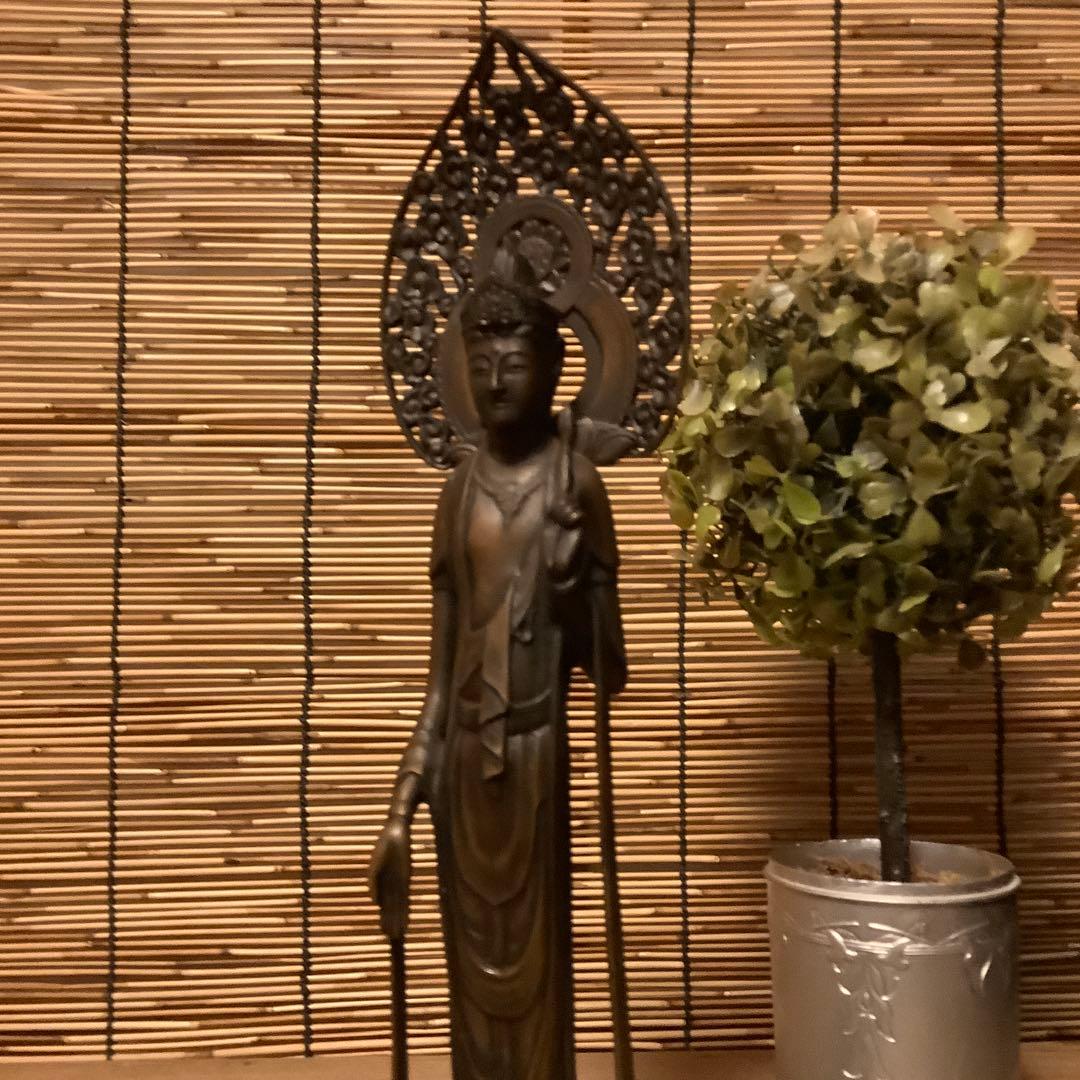 大正〜昭和期「聖観世音菩薩立像」仏教三大信仰・観音経・般若心経・銅・仏師銘刻印