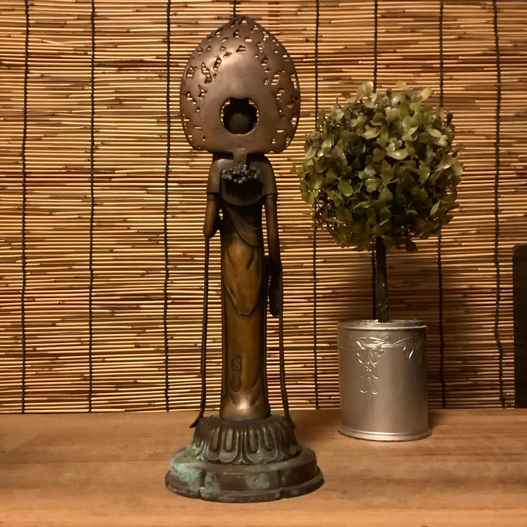 大正〜昭和期「聖観世音菩薩立像」仏教三大信仰・観音経・般若心経・銅・仏師銘刻印