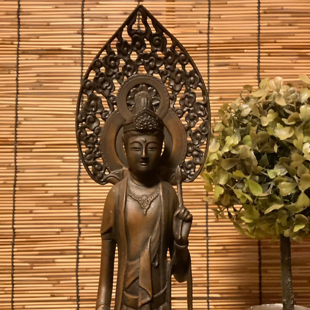 大正〜昭和期「聖観世音菩薩立像」仏教三大信仰・観音経・般若心経・銅・仏師銘刻印