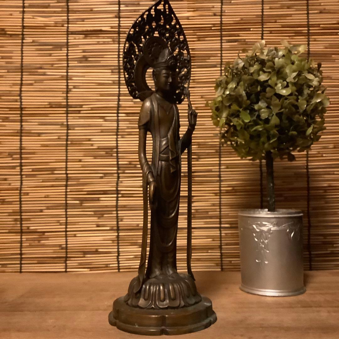 大正〜昭和期「聖観世音菩薩立像」仏教三大信仰・観音経・般若心経・銅・仏師銘刻印