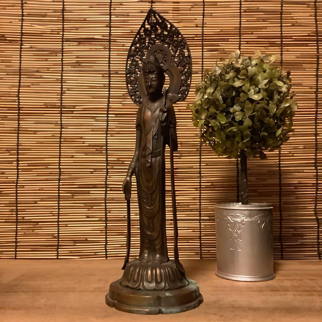 大正〜昭和期「聖観世音菩薩立像」仏教三大信仰・観音経・般若心経・銅・仏師銘刻印