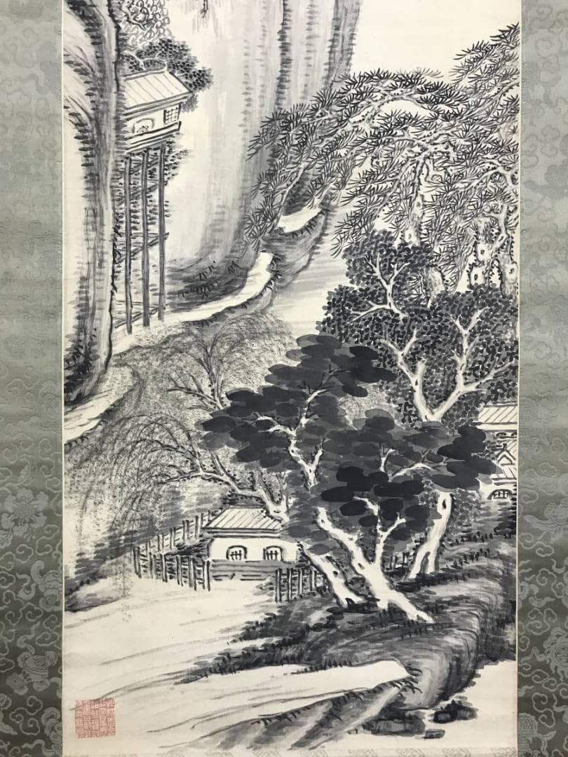 【模写】田能村直入/山水帆舟画賛/山水図/掛軸☆宝船☆AD-622