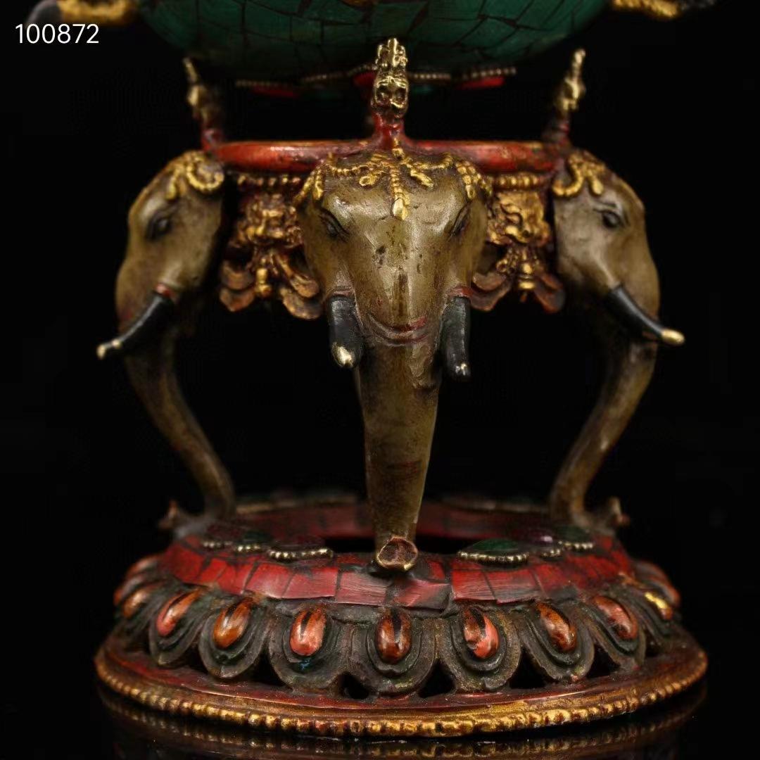 中国古美術・老純銅製・純手作り・鎏金高浮彫香炉・镶嵌宝石 ・熏香炉・置物・文房具