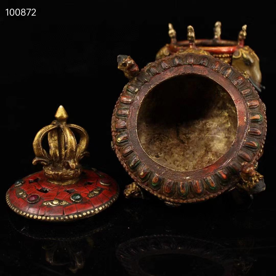 中国古美術・老純銅製・純手作り・鎏金高浮彫香炉・镶嵌宝石 ・熏香炉・置物・文房具
