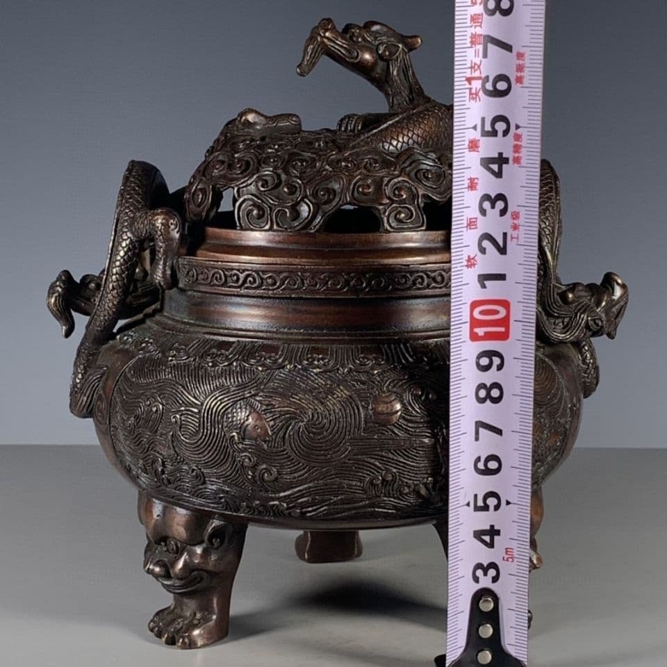 三足鼎 双耳九龍熏香炉 彫刻 置物 開運 金運 風水 工芸品 美術品