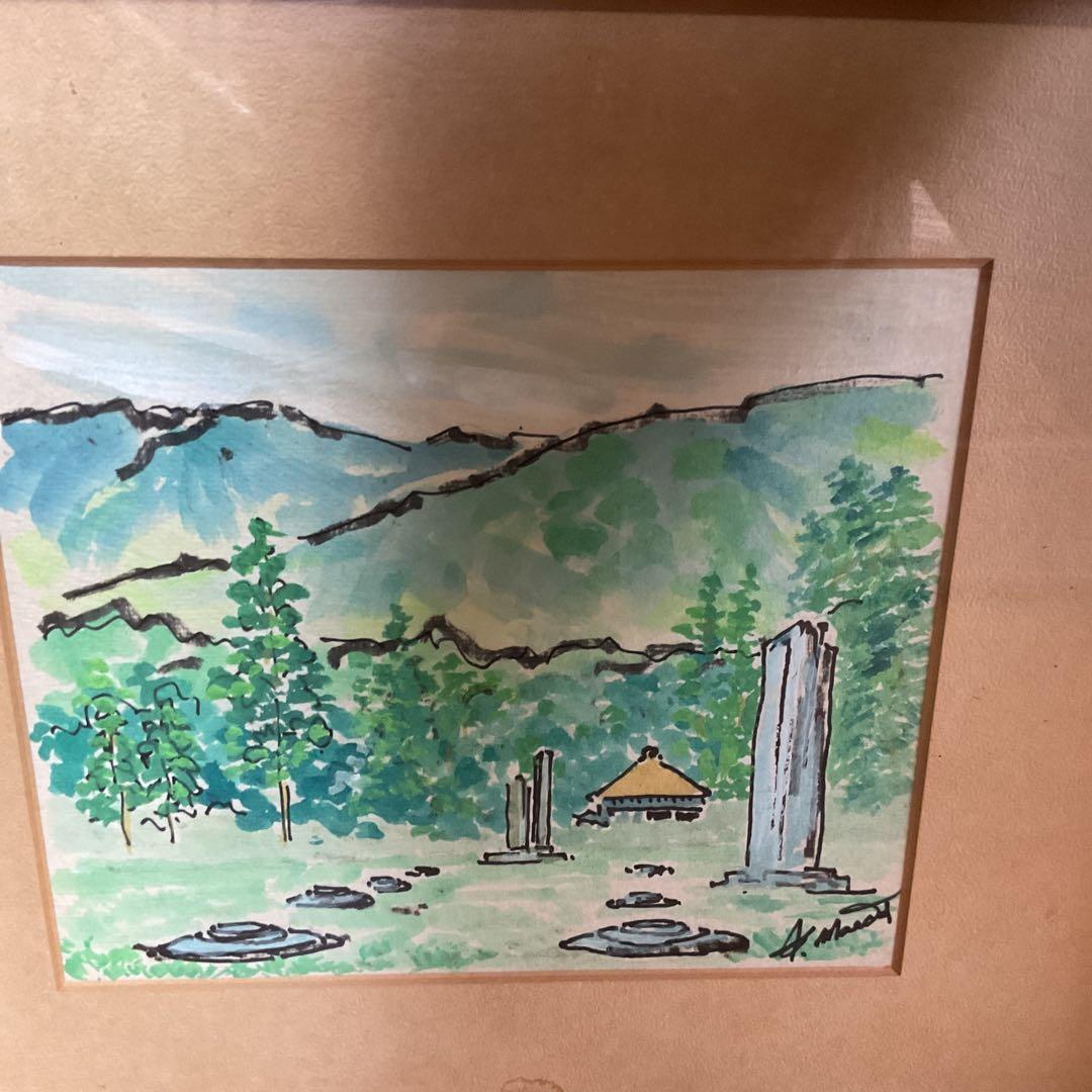 色紙水彩画 福岡県太宰府 都府楼跡 作者不詳ですがサイン在