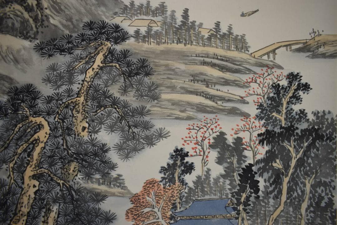 複製/作者不詳/秋江漁隠/山水画賛/工芸/中国画/布袋屋掛軸HJ-372