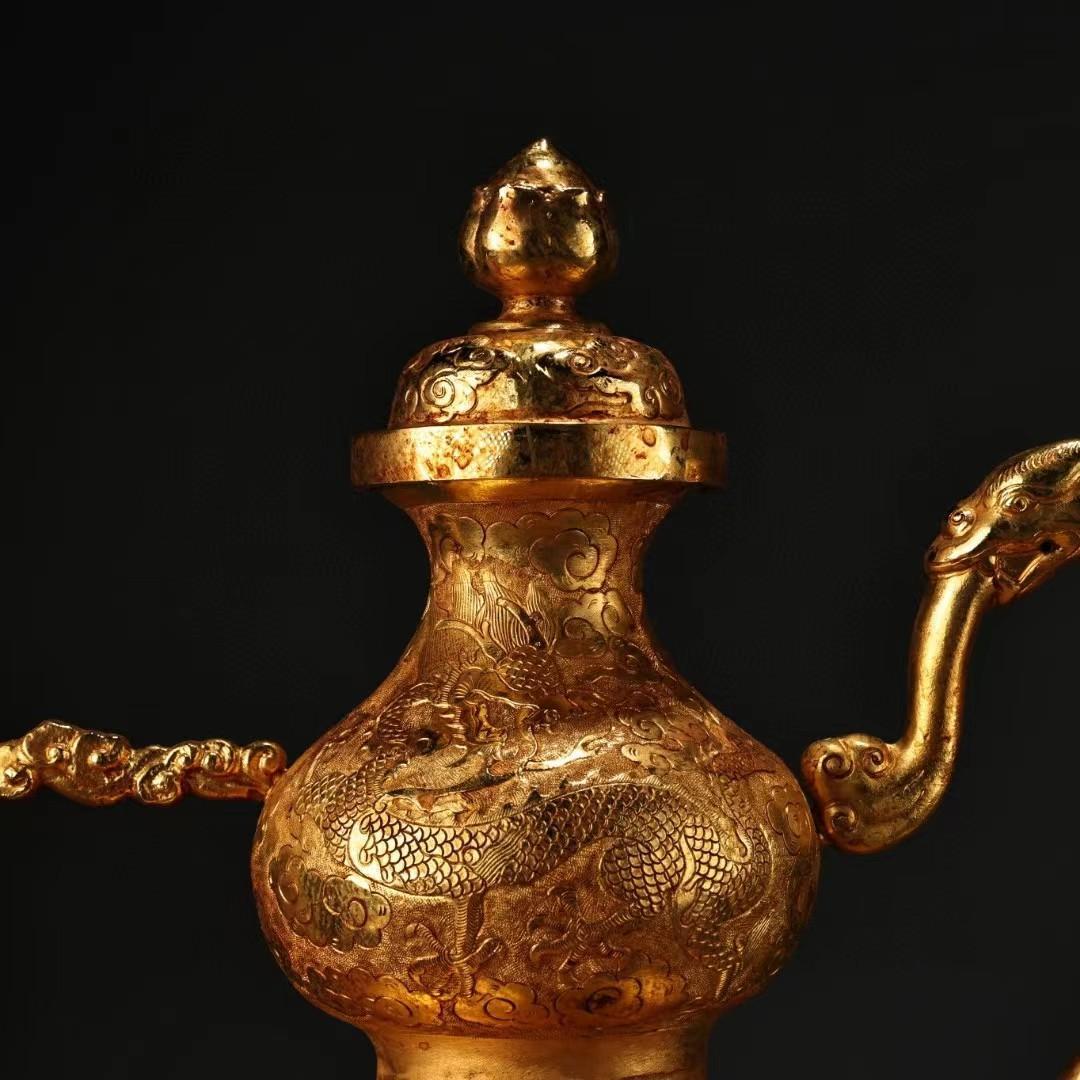 中国古美術・龍葫蘆の酒壺と皿・古い純銅鎏金细密彫・純手作り・高浮彫・置物・酒器