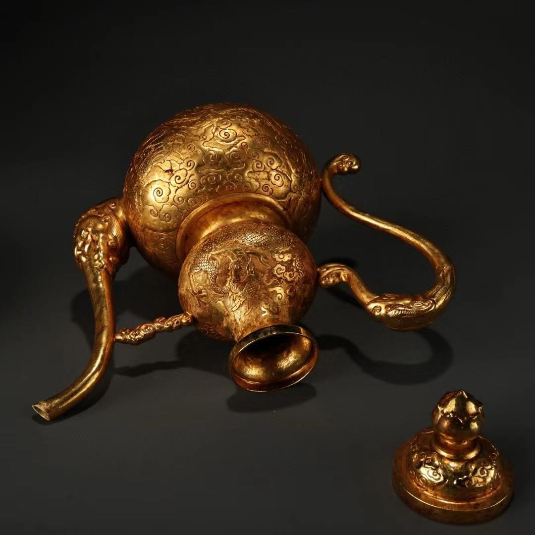 中国古美術・龍葫蘆の酒壺と皿・古い純銅鎏金细密彫・純手作り・高浮彫・置物・酒器