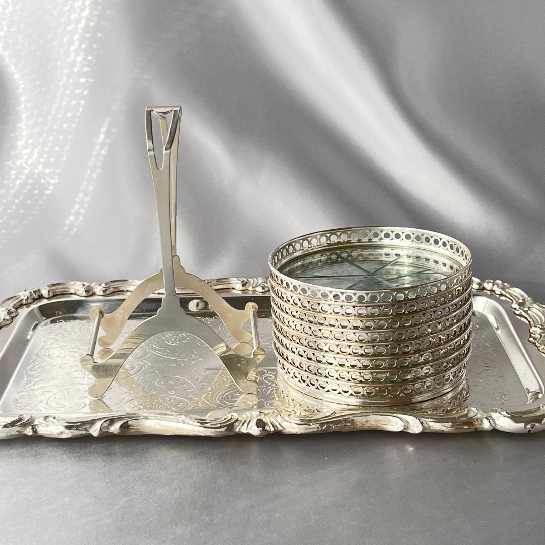 【Webster】ワイングラスコースター 8枚【純銀 / ガラス】 ホルダー