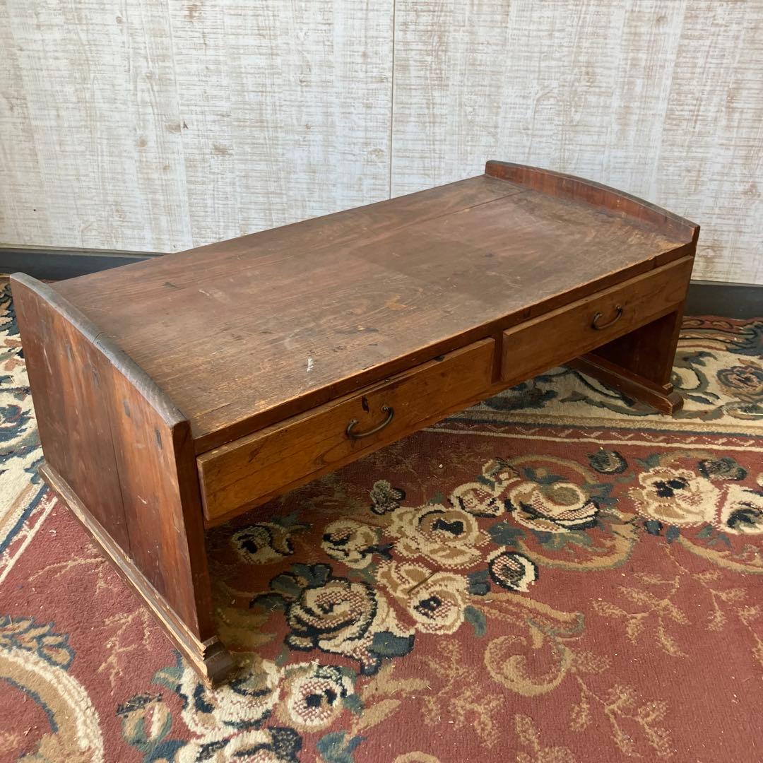 昭和レトロ アンティーク 古家具 木製文机 引き出し付き座卓 書斎机 無垢材