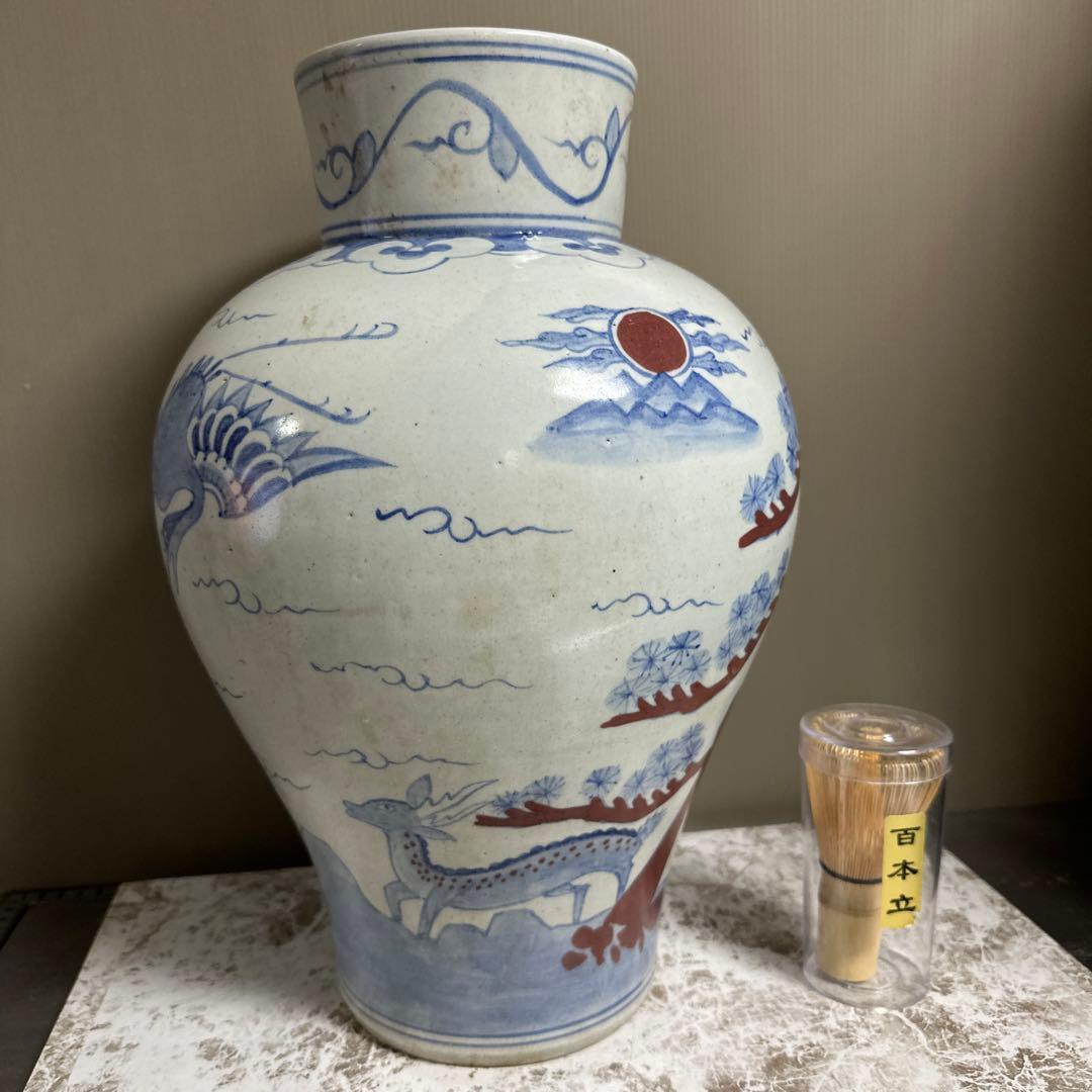 李朝、白磁、辰砂、鹿、鶴、亀図、大壺。