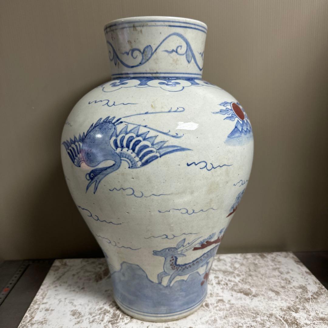 李朝、白磁、辰砂、鹿、鶴、亀図、大壺。