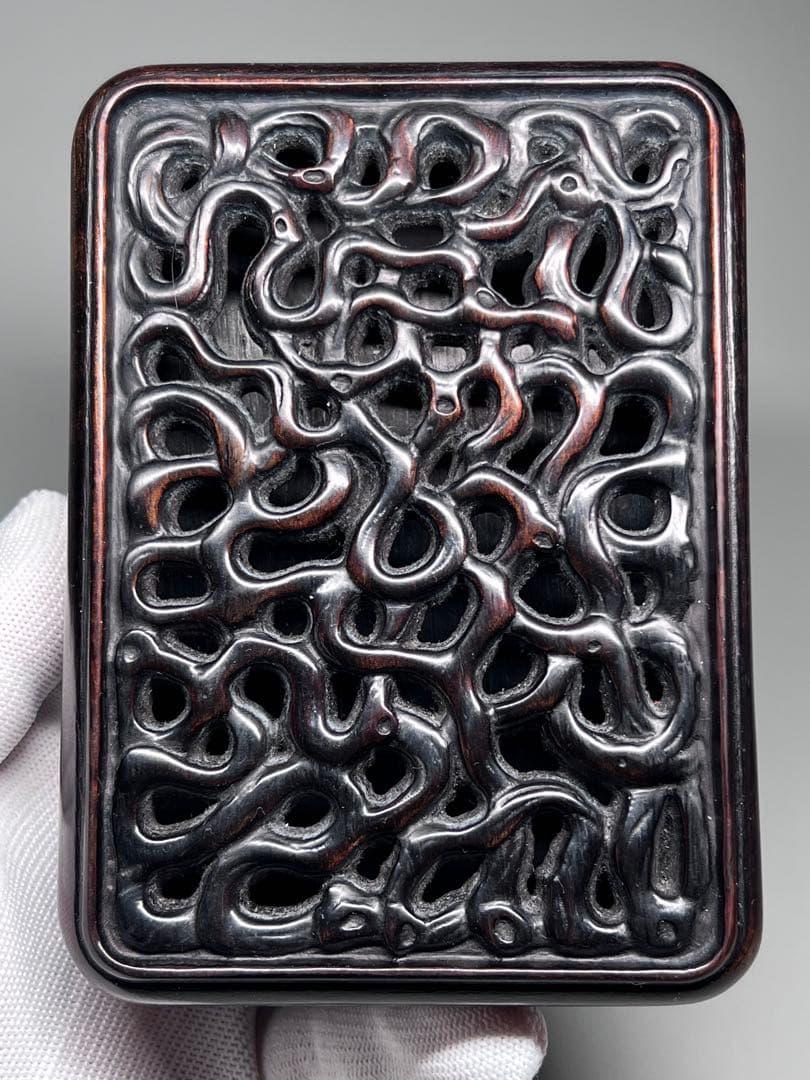 小物入れ　木製　透かし彫り　唐木紫檀　硯箱　古美術