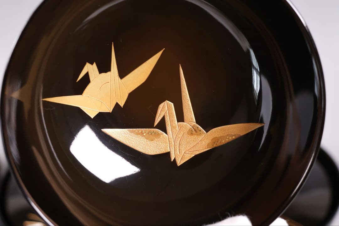 【MB179】金沢塗師 久世双〇 熨斗と折り鶴 金蒔絵 吸物椀 十客 天然木漆塗