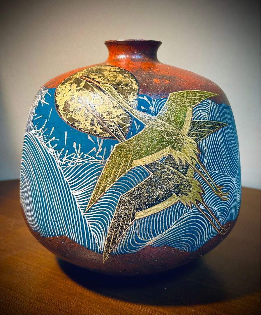 九谷焼　作家作品　谷敷正人　雅彩双鶴紋　花瓶