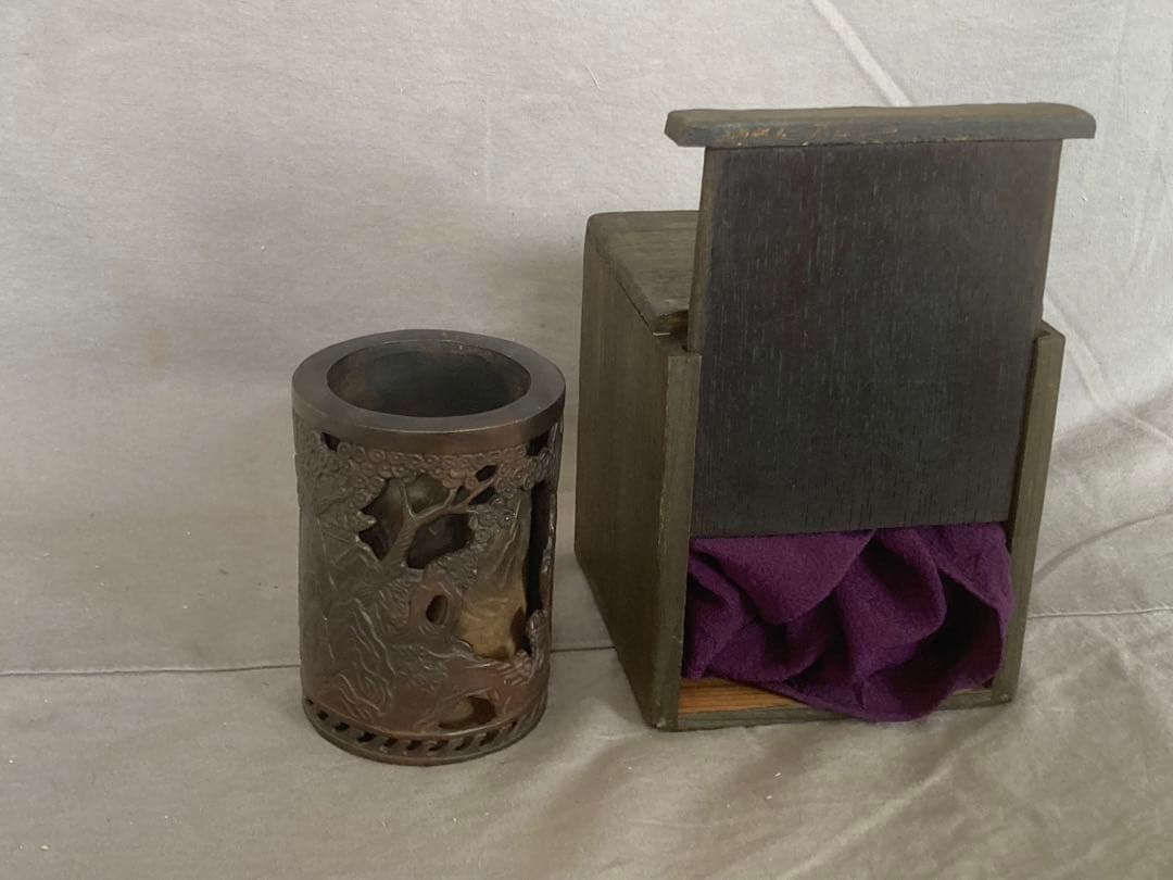 中国美術 古玩 古銅 細密 山水筆筒 書道具 唐物 透彫