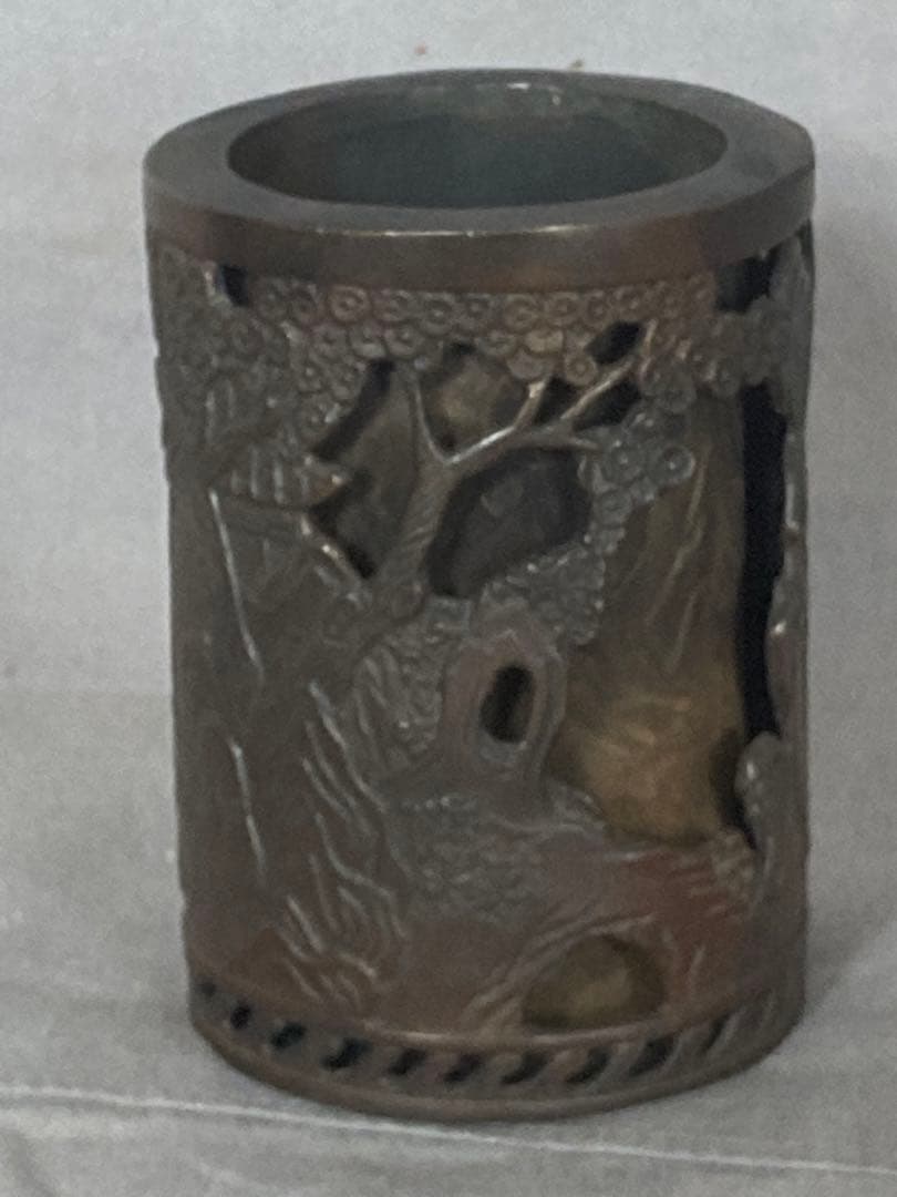 中国美術 古玩 古銅 細密 山水筆筒 書道具 唐物 透彫