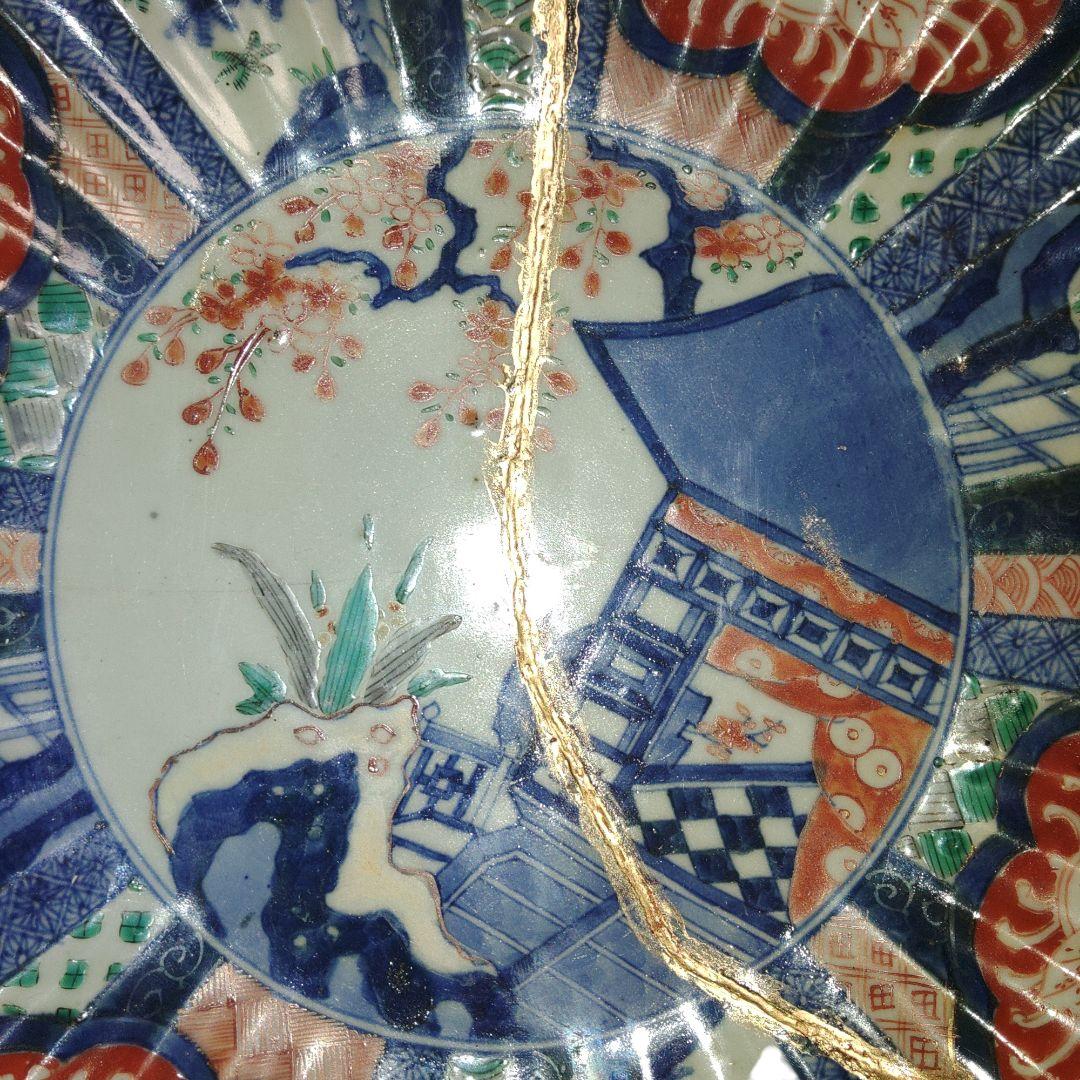 古伊万里　芙蓉手楼閣文菊皿　難あり　金継ぎ