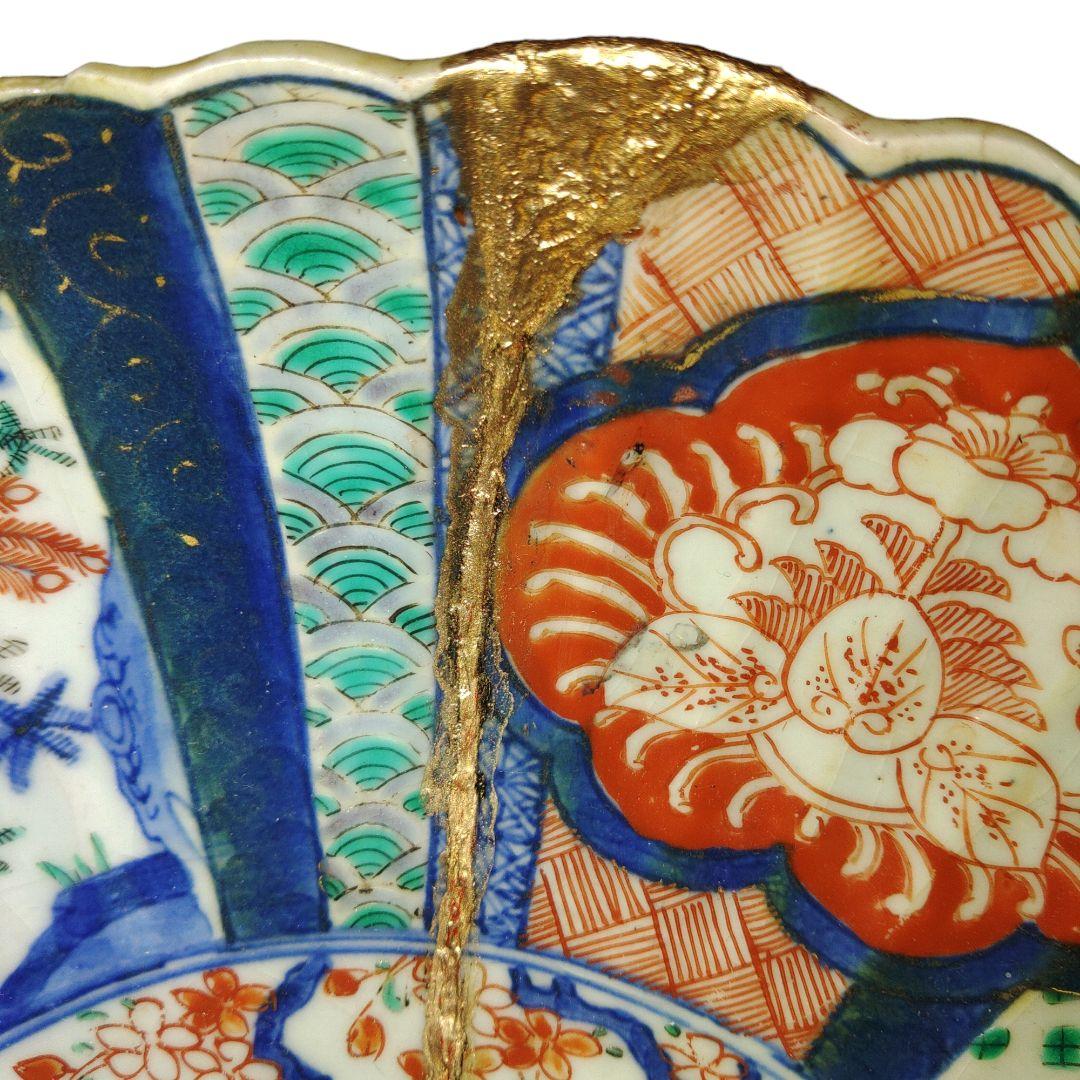 古伊万里　芙蓉手楼閣文菊皿　難あり　金継ぎ