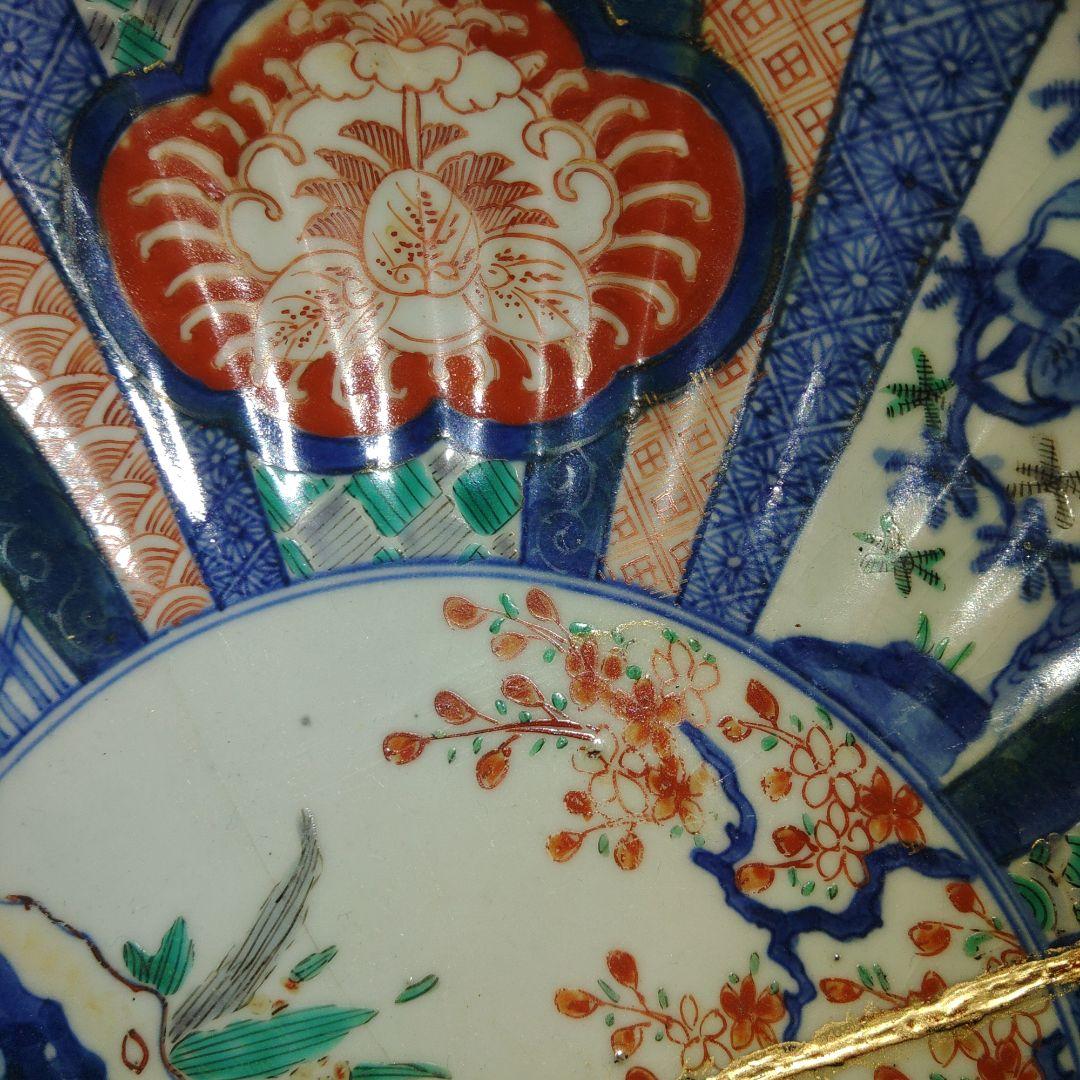 古伊万里　芙蓉手楼閣文菊皿　難あり　金継ぎ