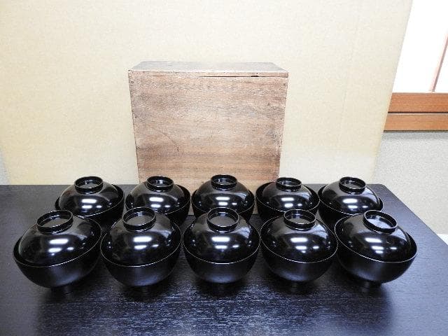 長野横笛　黒地鶴蒔絵　吸物椀10客　共箱有　MA388