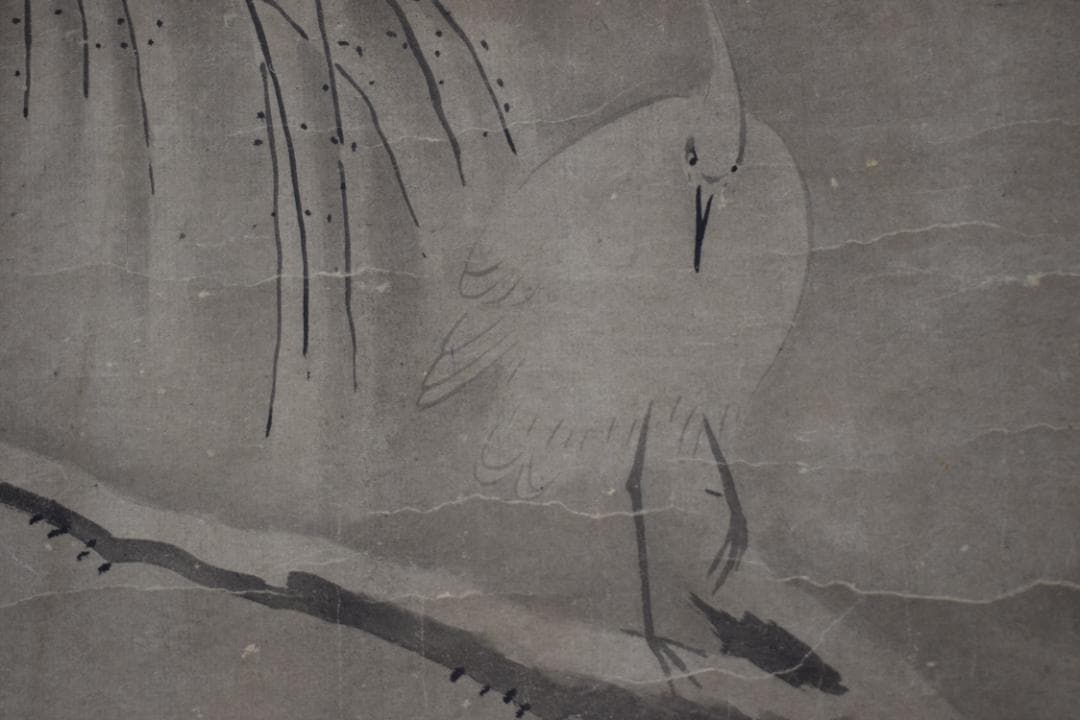 作者不詳　印のみ/狩野派画家/雪中柳に鷺図江戸時代/掛軸☆宝船☆Y-737　JM