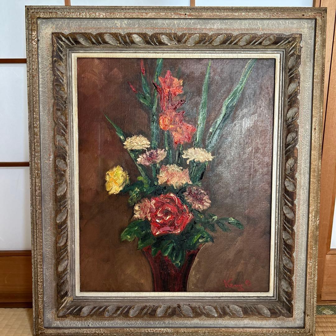 手書き油絵 花 額付 絵画 インテリア 油彩画　Kenji O