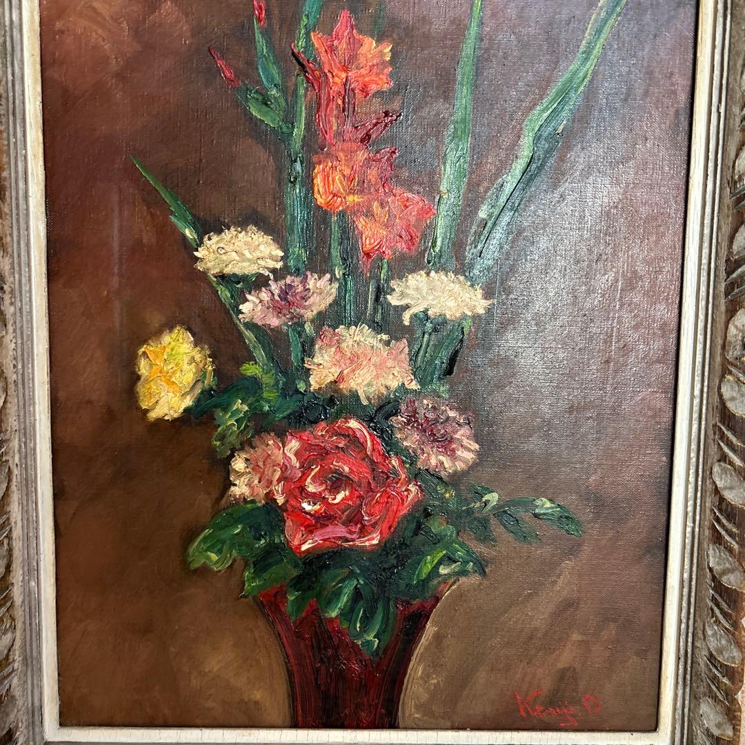 手書き油絵 花 額付 絵画 インテリア 油彩画　Kenji O