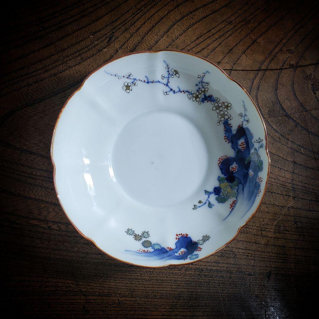 八花弁皿 染付 色絵付 取り皿 なます皿 岩 梅 菊 銘 明治 イ号