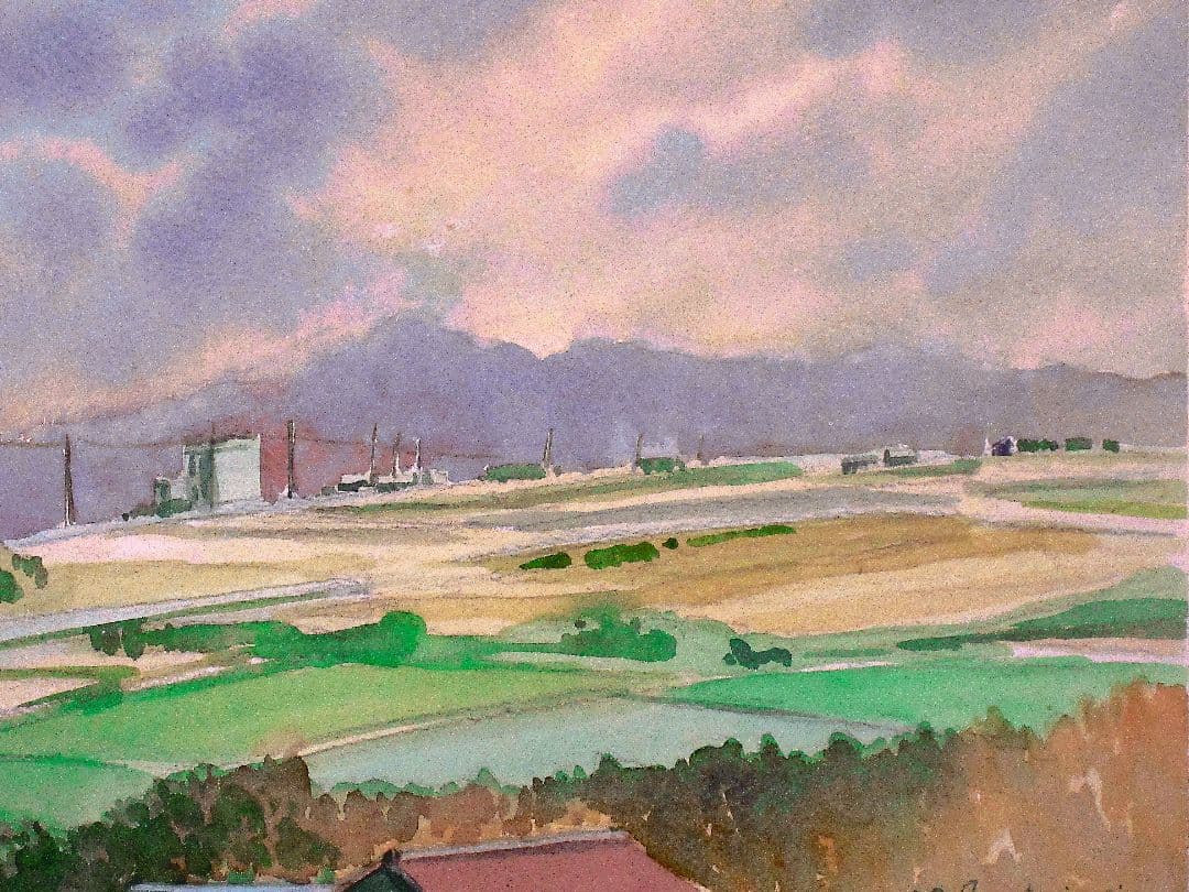 田園風景 水彩画 木製フレーム付き