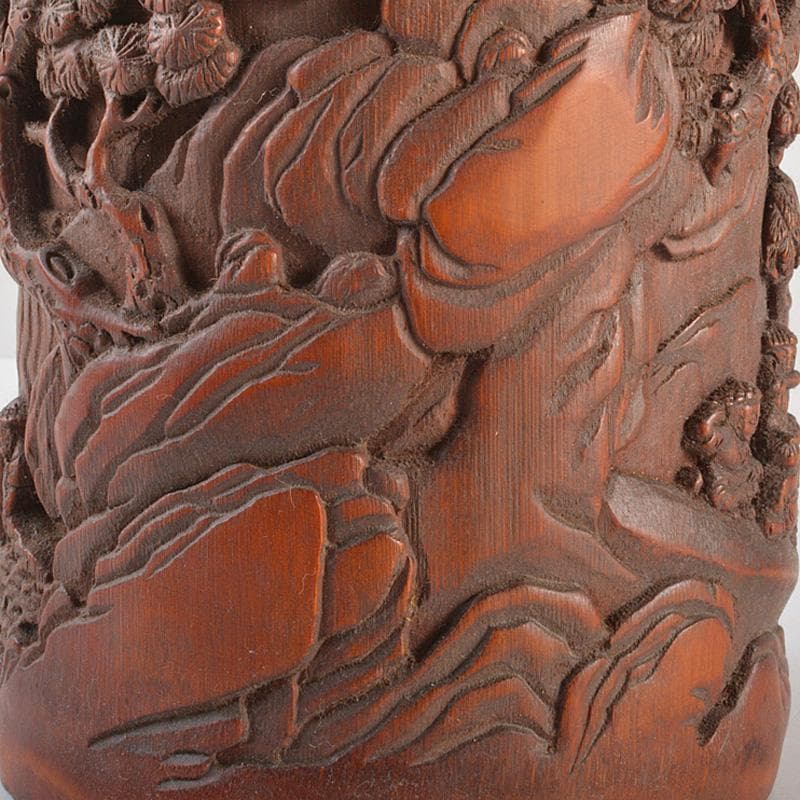 中国　乾隆御題　古竹彫刻　漢詩山水人物雕　筆筒　C　R7140E