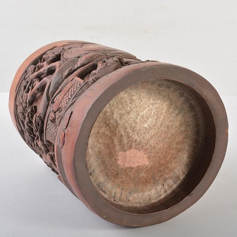 中国　乾隆御題　古竹彫刻　漢詩山水人物雕　筆筒　C　R7140E