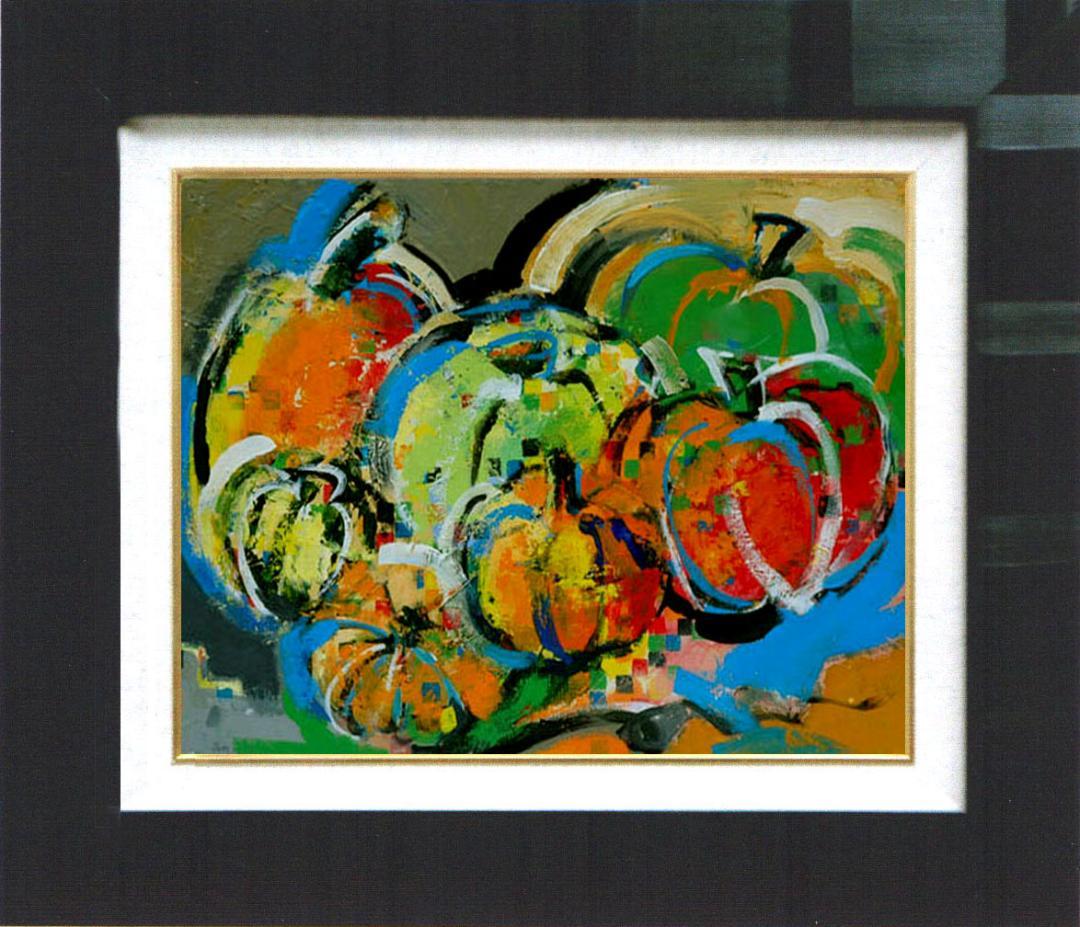 油絵菅家令子絵 絵画インテリア額付(青緑＋金色の枠)uF6-061303かぼちゃ