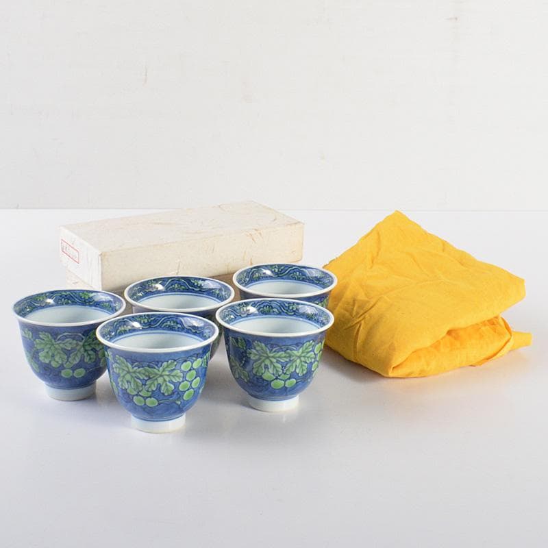 煎茶道具　有田焼　館林源右衛門　染錦　桐花文　湯呑　煎茶碗　5客　V　R6762