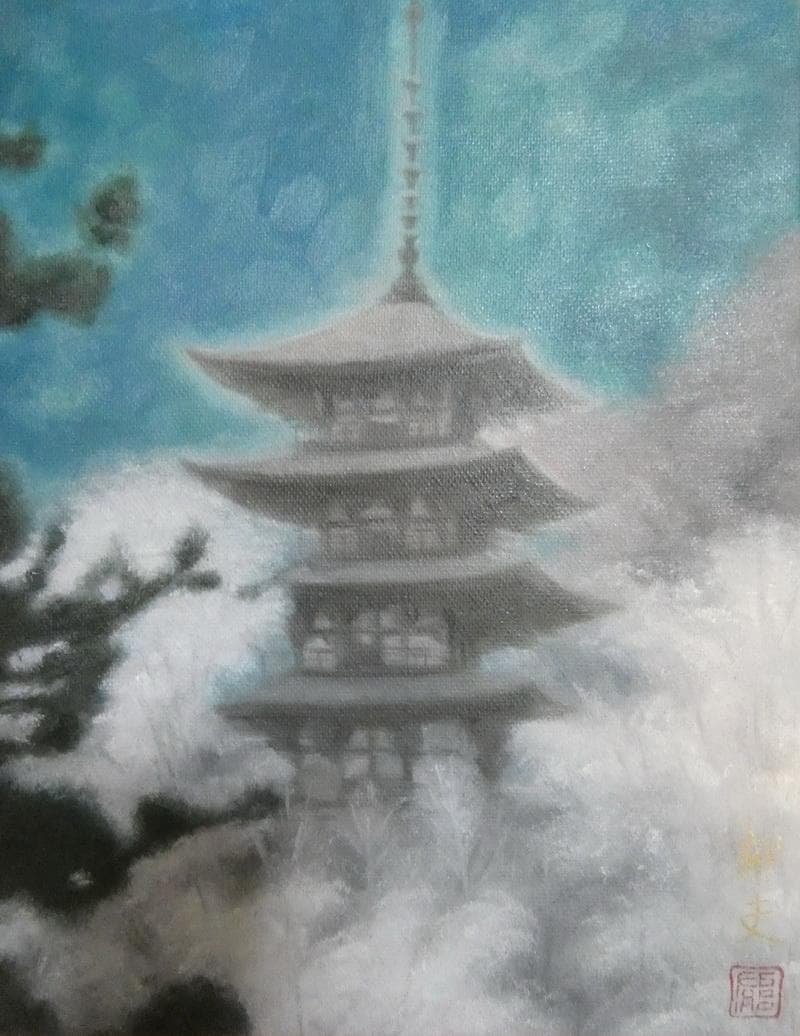 【値下げ】風景画　平山郁夫　長谷の春　F６　額付き　手描き　肉筆