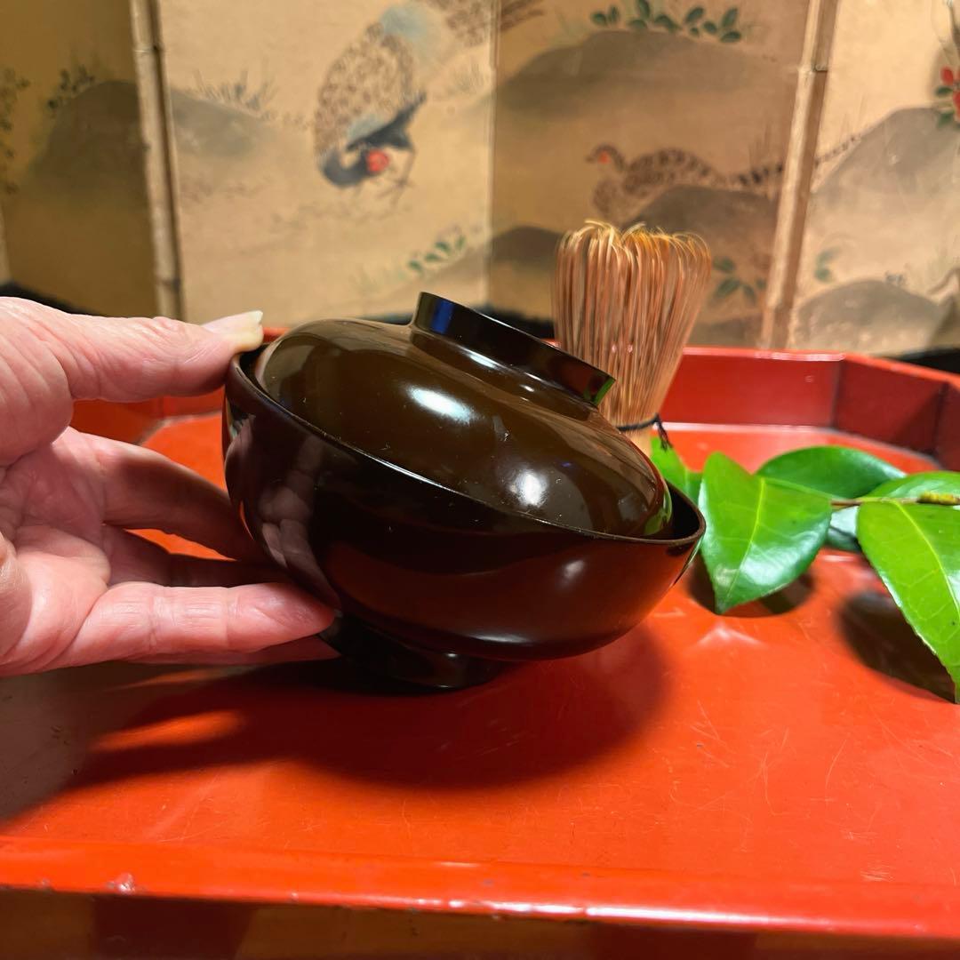 A914 木製輪島塗　潤み色　隠し絵蒔絵　閑古鳥蒔絵　鶏　5客