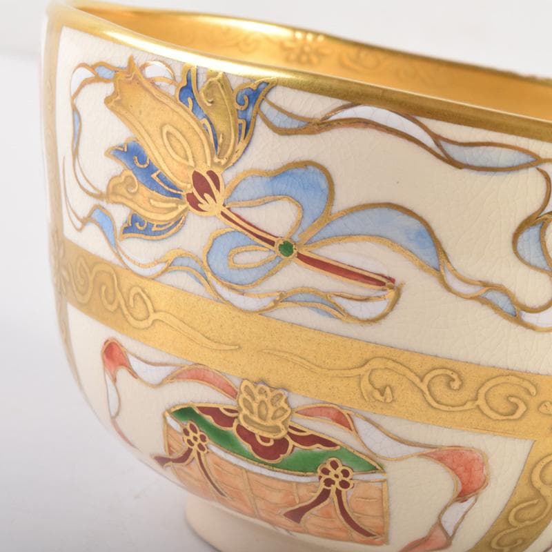 茶道具　京焼　鳴滝窯　橋本城岳作　色絵金彩　八宝文　茶碗　共箱　V　7194