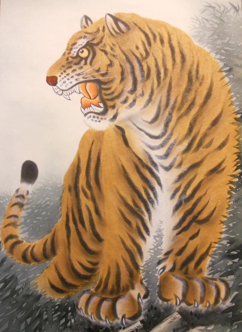 掛け軸 坂口玉峰 月下猛虎図 絹本 希少 軸装 茶道具 掛軸 美品 です。