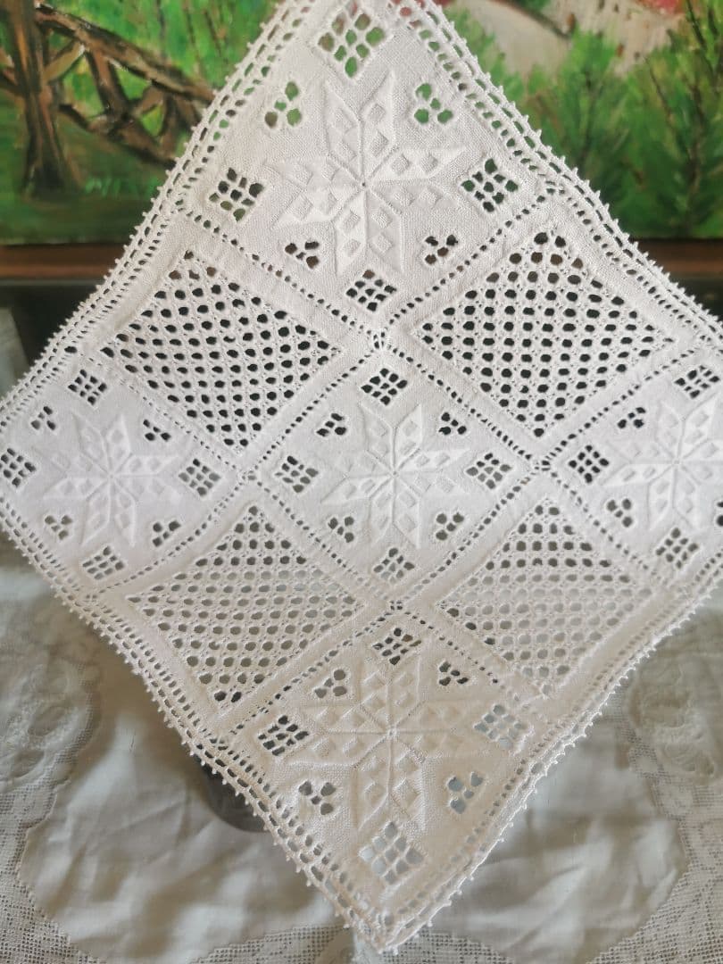 ヴィンテージ 北欧ハーダンガー/ヒデボ 白糸刺繍 ドローンワーク スクエアクロス