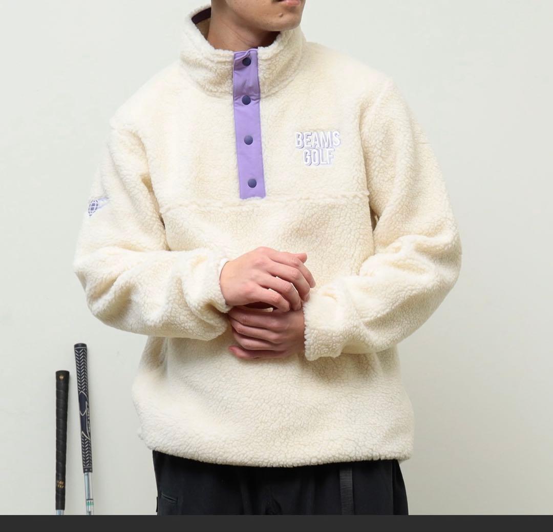 美品 ビームスゴルフ ボアジャケット ロゴ刺繍 XL ホワイト フリース 防寒