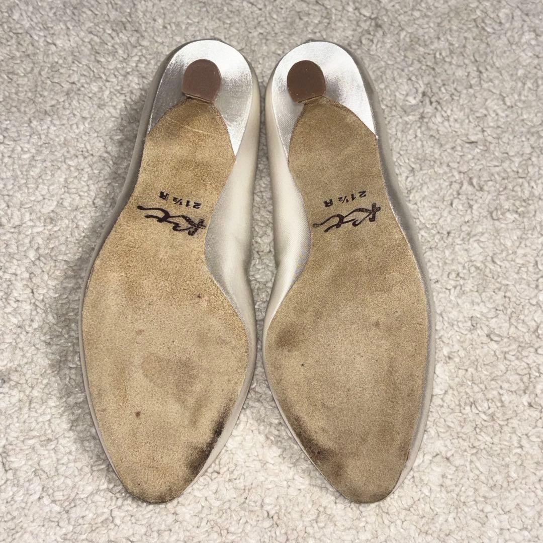 美品　社交ダンス　モダン　シューズ　サテン　ホワイト　ヒール7cm 21.5cm